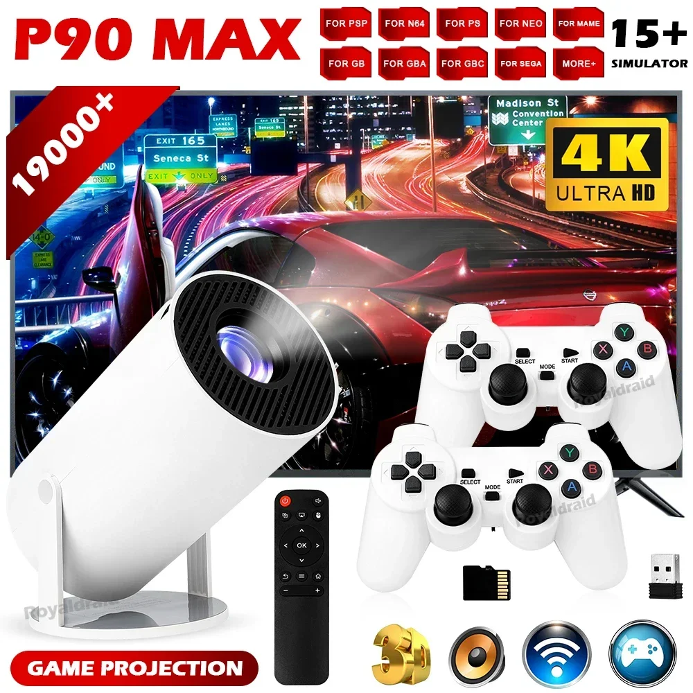 Retro Gaming With Projector - P90 Max ポータブルスマートゲーミングプロジェクター ビデオゲームコンソール ワイヤレスコントローラー2個付き 19000種類以上のレトロゲーム対応