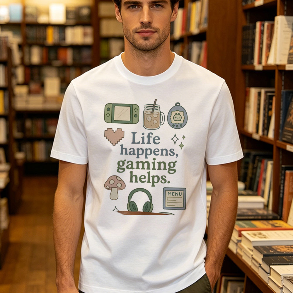 Retro Gaming Life - Life Happens Gaming Helps かわいい落書きグラフィック Tシャツ