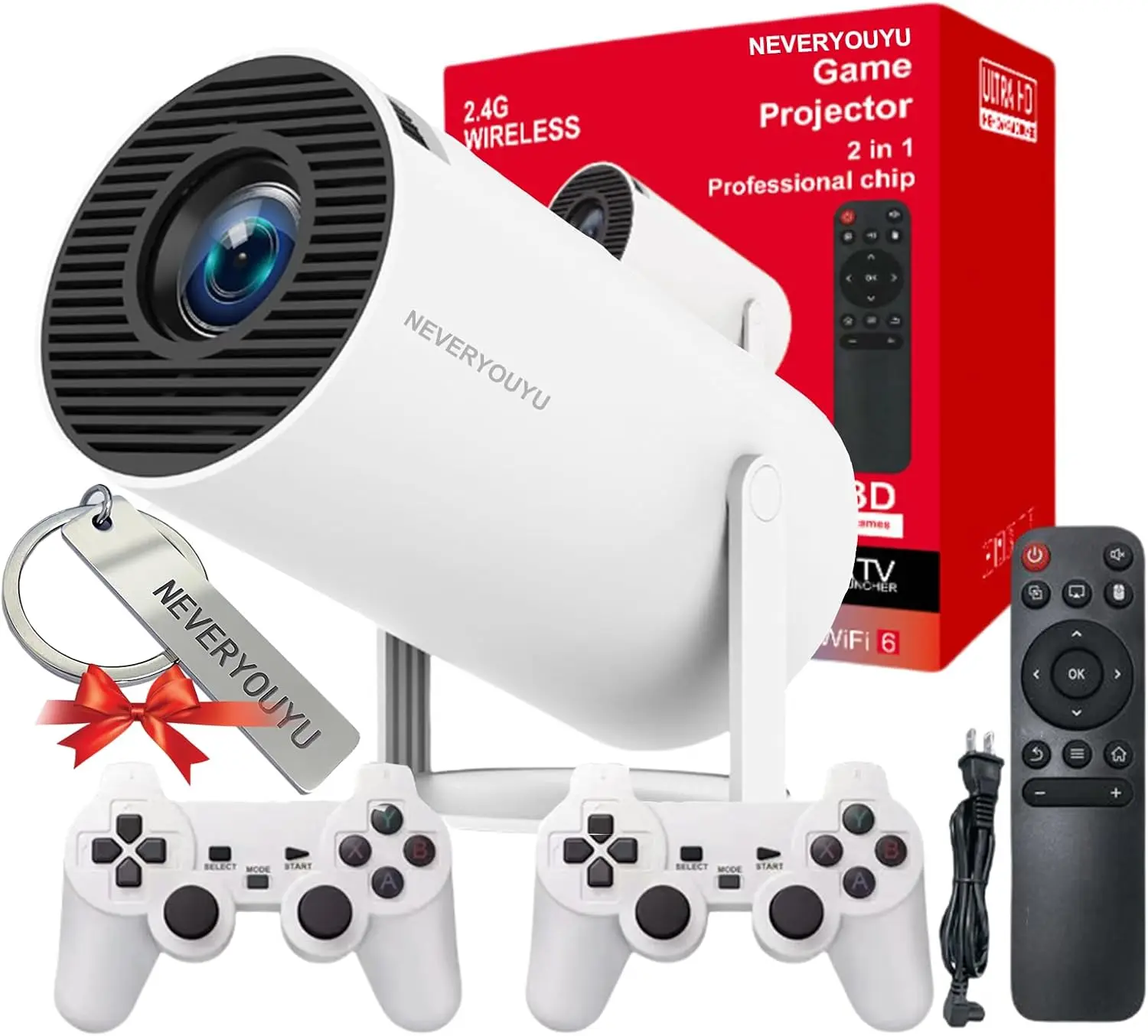 Retro Gaming With Projector - 36,000種類以上のレトロゲーム内蔵のアーケードビジョンプロジェクター、ゲーミングビデオ2-IN-1プロジェクター4K、ワイヤレスコントローラー2個付き